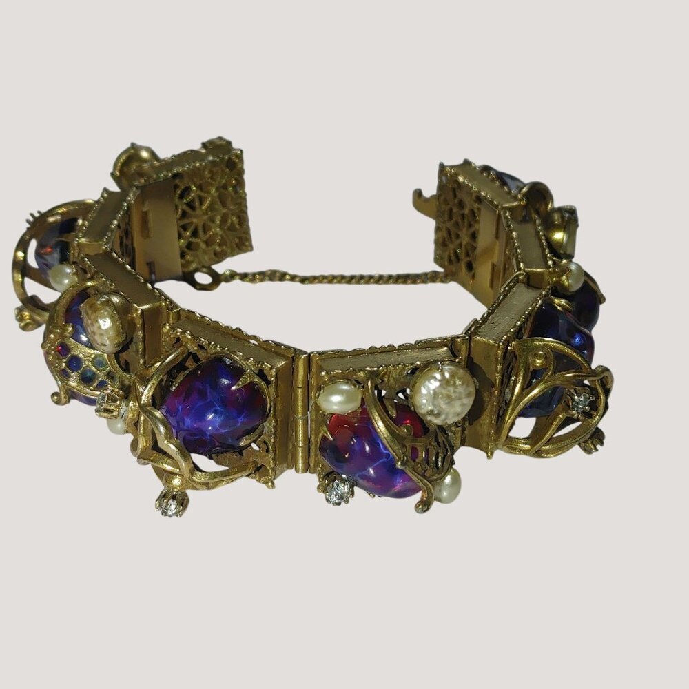 Vintage Bracelet Dragon Breathe Stones Faux Pearls Rhinestone Ornate Filigree